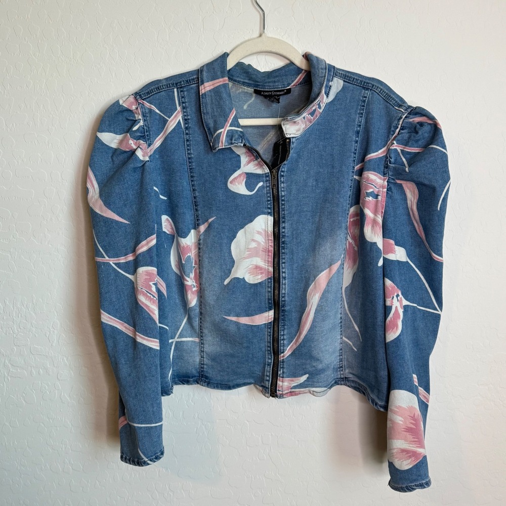 VTG Ashley Stewart Floral Puff Sleeve Denim Jacket Cottagecore Plus 22/24 NWT